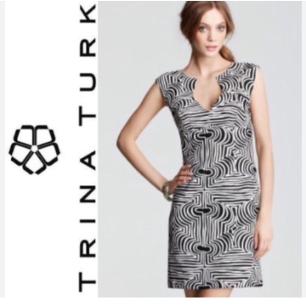 Trina Turk Black White Business Casual Geometric Preppy Sheath Mini Dress Size 2